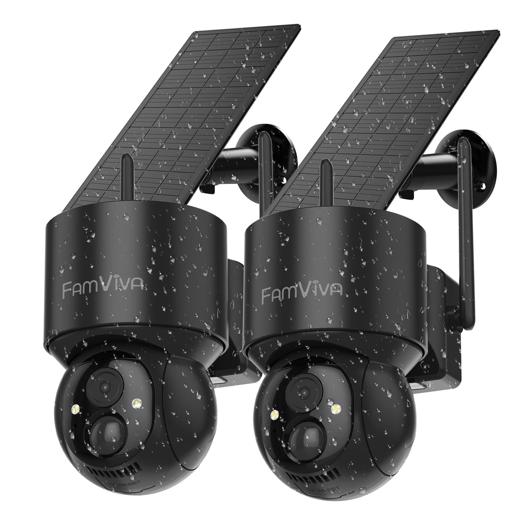 2K Solar Security Cameras Wireless Outdoor, 360°PTZ Battery Powered Cameras for Home Security, 2.4G WiFi Outdoor Camera with Color Night Vision, IP66 Waterproof, Motion Sensor Alarm, Black-4P