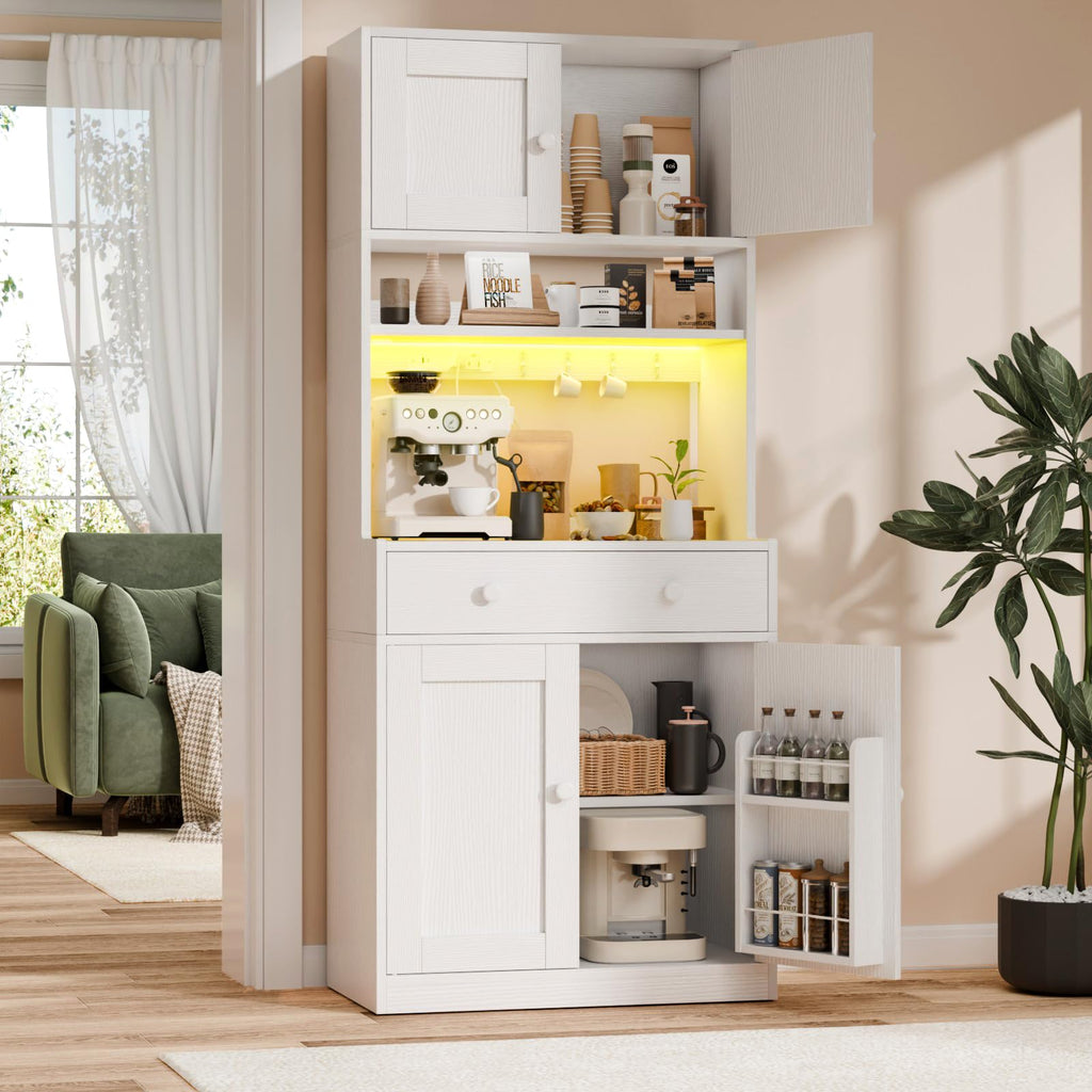 71" Tall Kitchen Pantry Cabinet with Microwave Countertop, LED Lights White