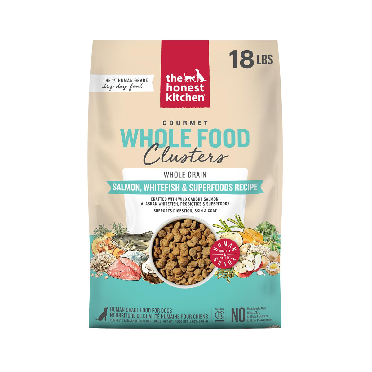 The Honest Kitchen Whole Grain Salmon, Whitefish & Superfoods Whole Food Clusters, Human Grade Dry Dog Food for Adult Dogs, Vet-Recommended Nutritional Support for Skin, Coat & Digestion, 18 lb