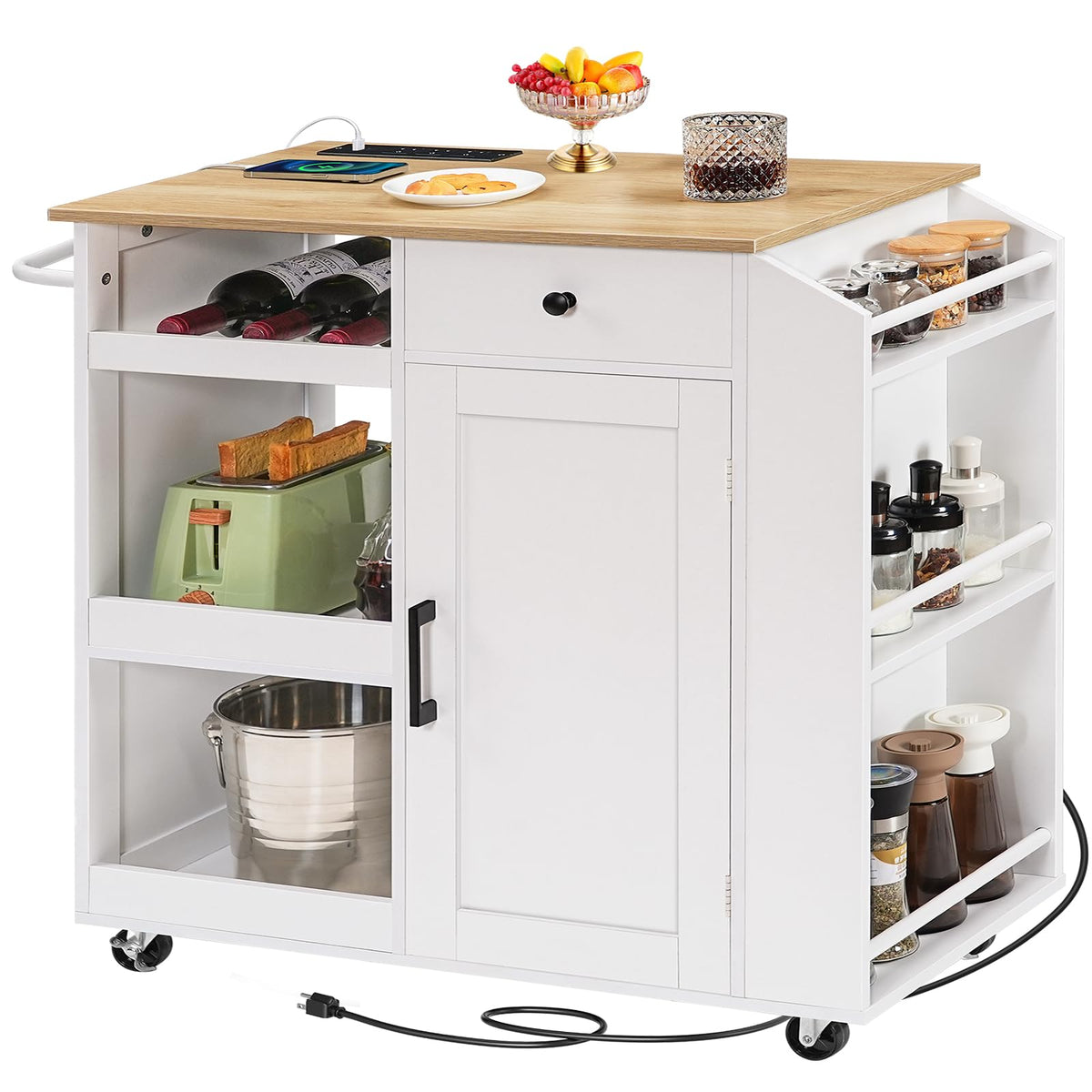 MAHANCRIS Kitchen Island with Power Outlet, Kitchen Storage Island with Drawer, Rolling Kitchen Cart on Wheels, Spice Rack, Towel Rack, Wine Rack, for Dining Room, White and Natural KINW122E01N1
