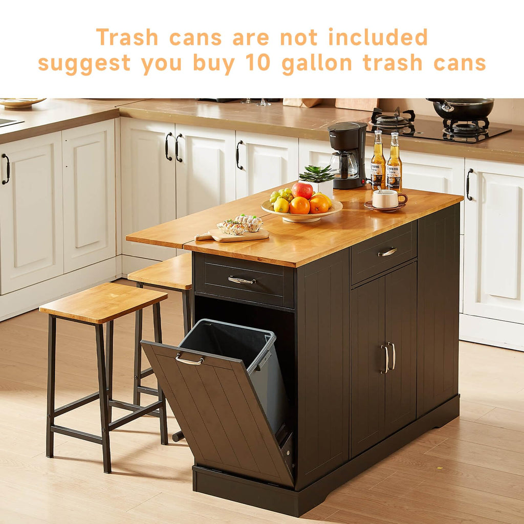 47" Kitchen Island with Trash Can Storage, Include 2 Chairs, Black
