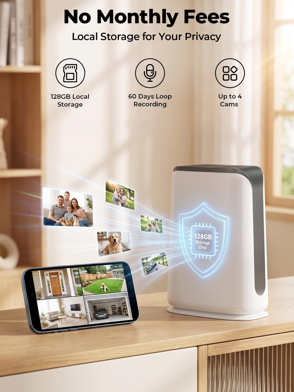 Solar Security Cameras Wireless Outdoor No Subscription with 128GB SD Home Hub, 2 Cam Kit 4 Views Dual-Len Solar Powered Camera Home Security System, 5GHz & 2.4GHz Wifi, 4MP Color Night Vision IP66