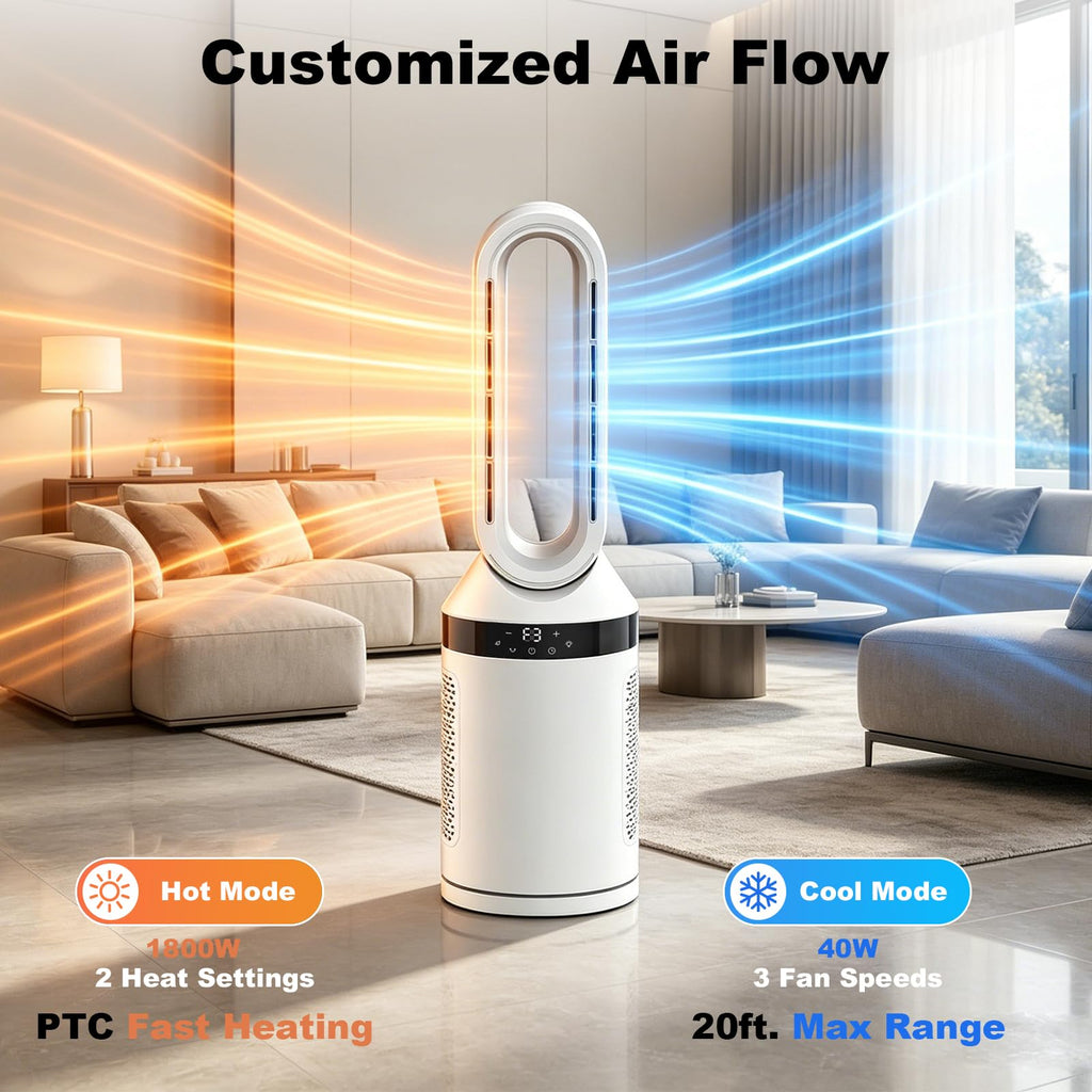 32” Bladeless Tower Fan and Heater Combo, All Season Standing Fan