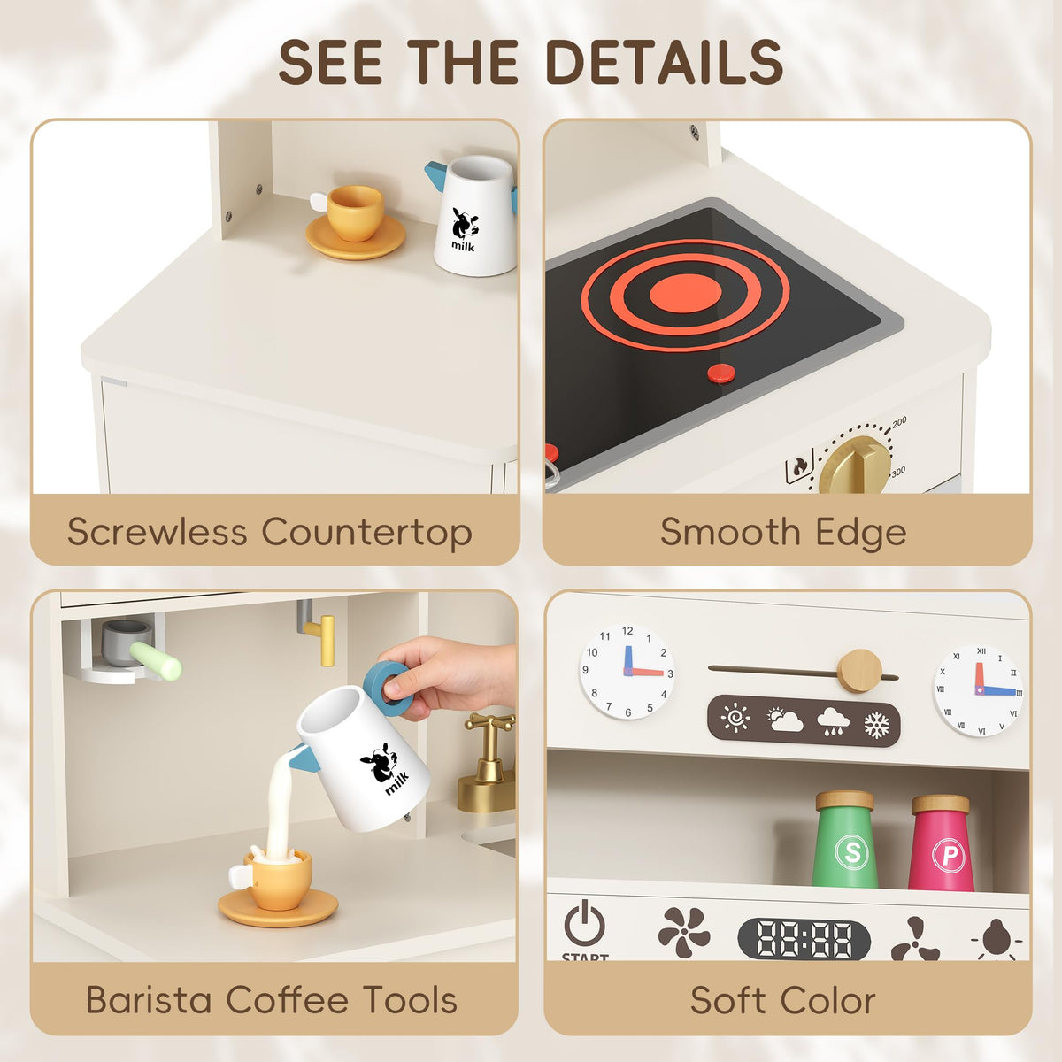 Wooden Play Kitchen, Kids Kitchen Playset with Interactive Feature