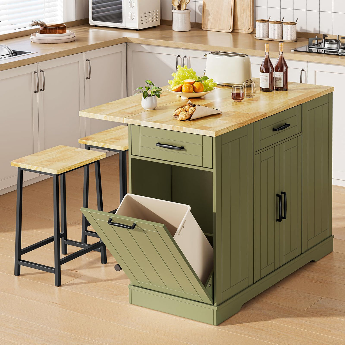 47" Kitchen Island with Trash Can Storage, Include 2 Chairs, Black