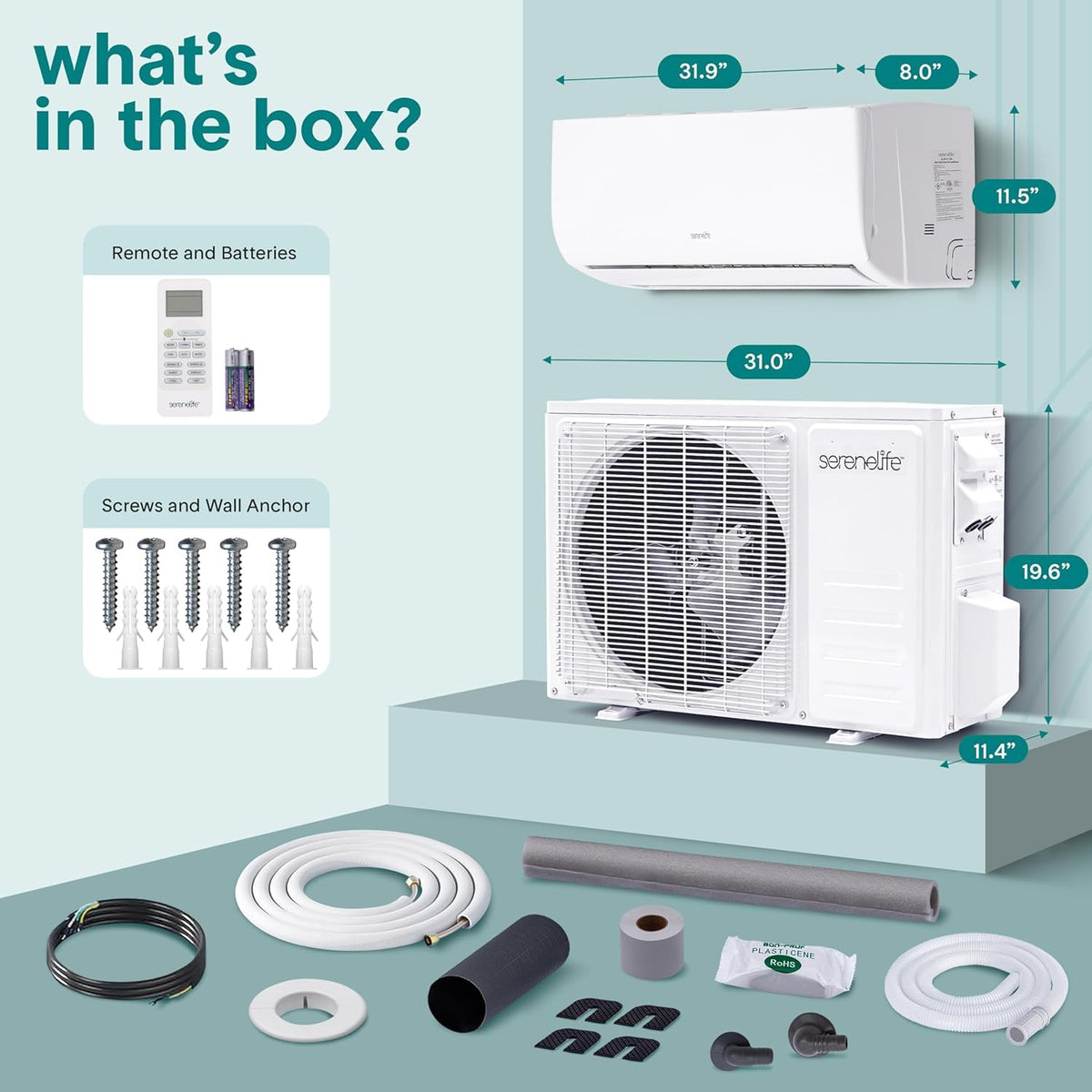 SereneLife 9,000 BTU Mini Split AC & Heating System, 115V Indoor & Outdoor Wall-Mounted Units with WiFi, Installation Kit Included for Home, Office & Bedroom, Up to 450 Sq. Ft. Coverage