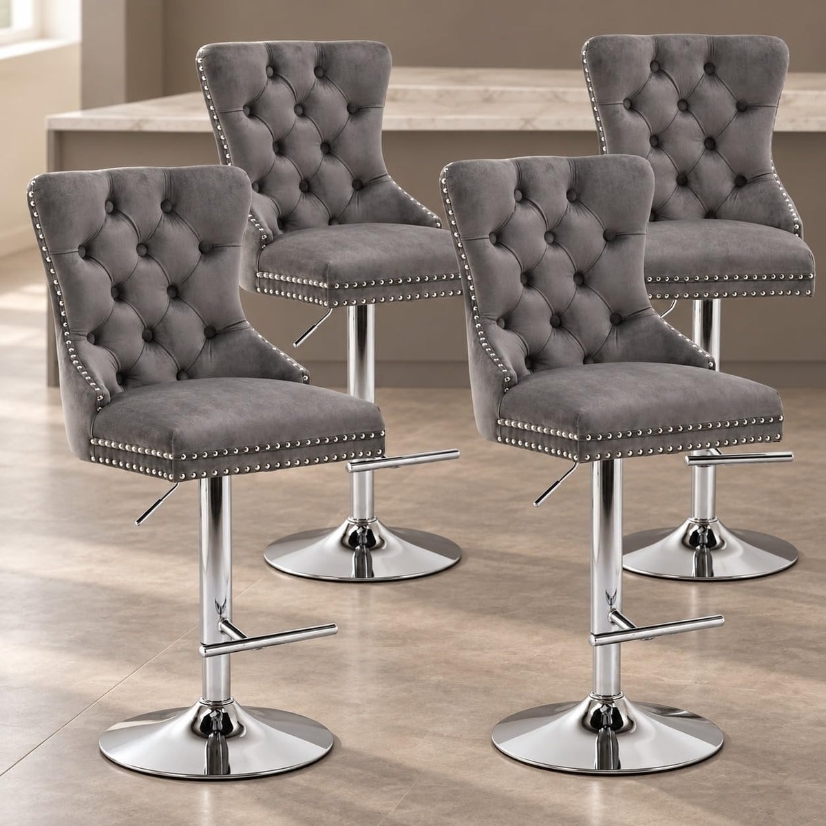 Velvet Swivel Bar Stools Set of 4, Height Adjustable, Black with Gold Base