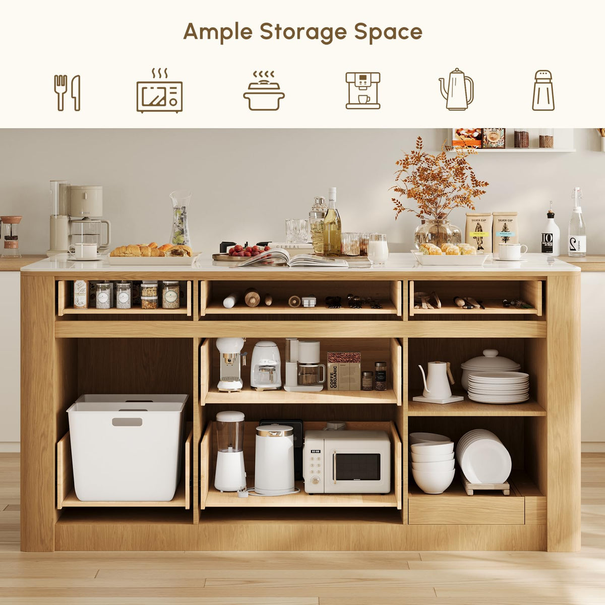 homary 72" Kitchen Island with Storage, Sintered Stone Top & 5 Drawers