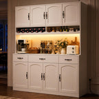 White 72" Tall Kitchen Pantry Cabinet with Charging Station 55" Wide Hutch with LED Light and Countertop