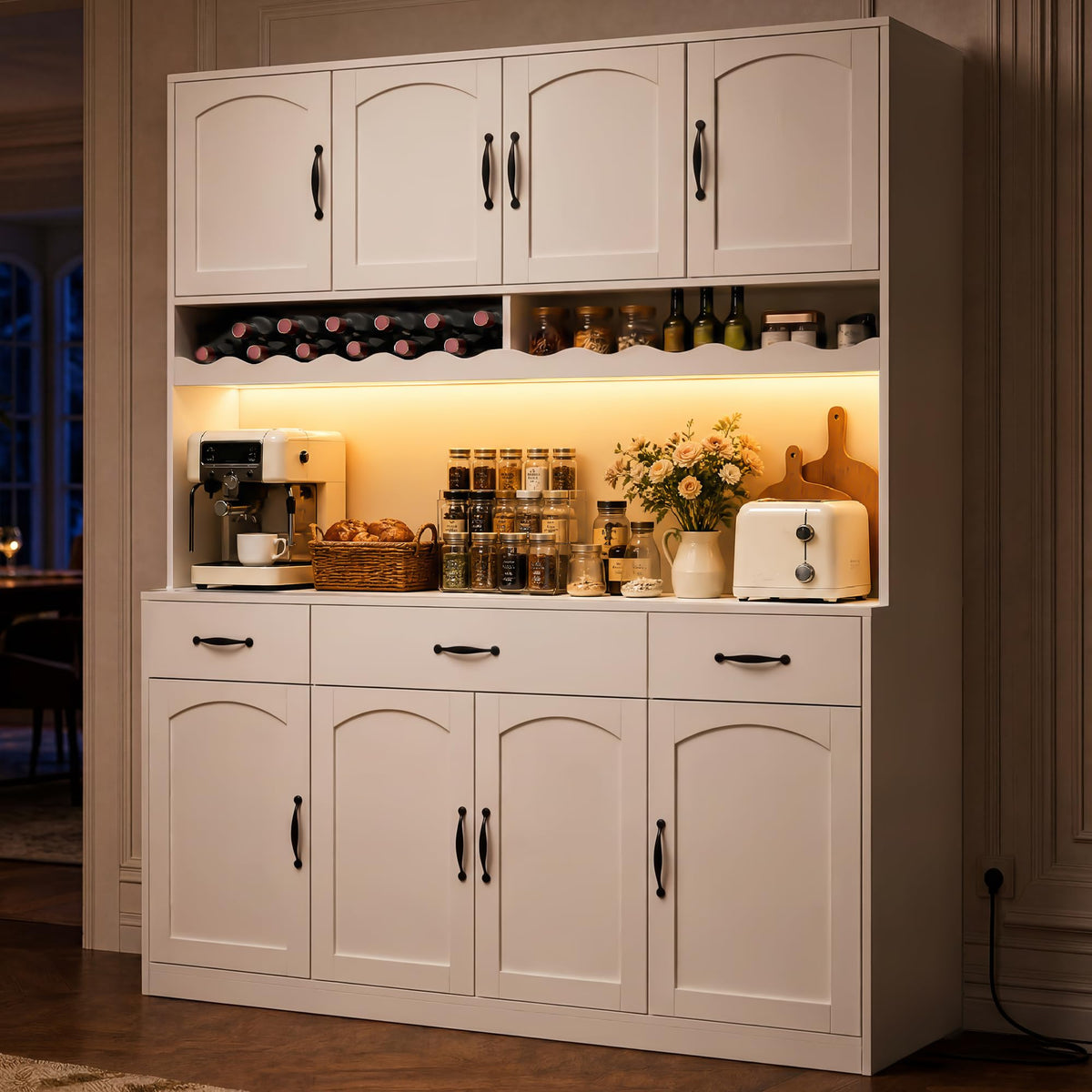 White 72" Tall Kitchen Pantry Cabinet with Charging Station 55" Wide Hutch with LED Light and Countertop