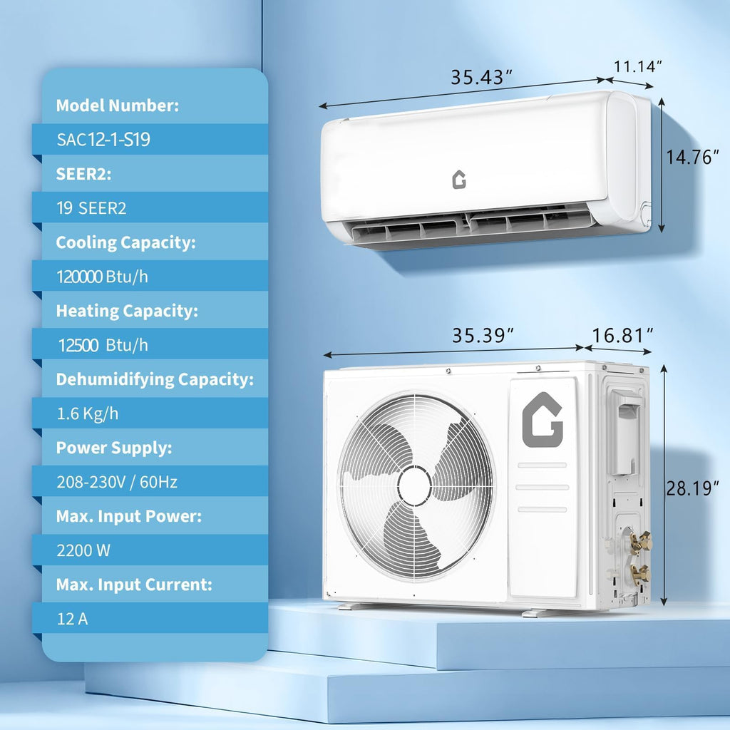 12,000 BTU Mini Split Air Conditioner and Heater, 19 SEER, 208-230V, Inverter AC & Heat Pump with Timer and Sleep Mode, Cools and Heats Rooms up to 750 Sq Ft, Ideal for Bedroom, Living Room, Office