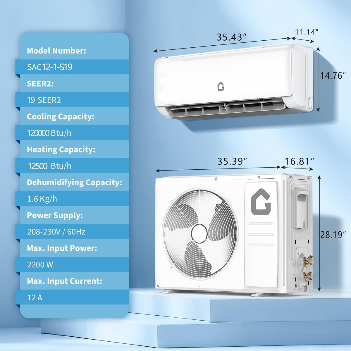 12,000 BTU Mini Split Air Conditioner and Heater, 19 SEER, 208-230V, Inverter AC & Heat Pump with Timer and Sleep Mode, Cools and Heats Rooms up to 750 Sq Ft, Ideal for Bedroom, Living Room, Office