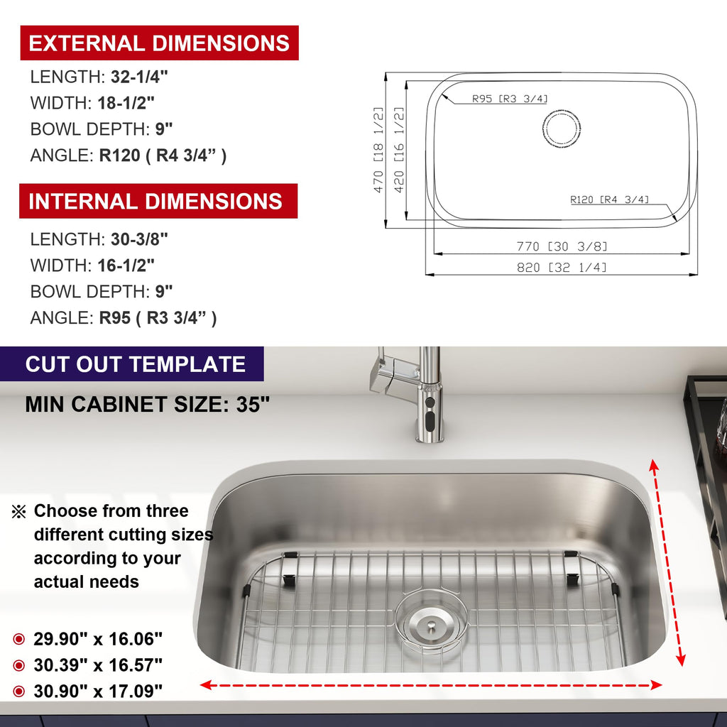 32 Inch Undermount Curved Spacious Single Bowl Kitchen Sink