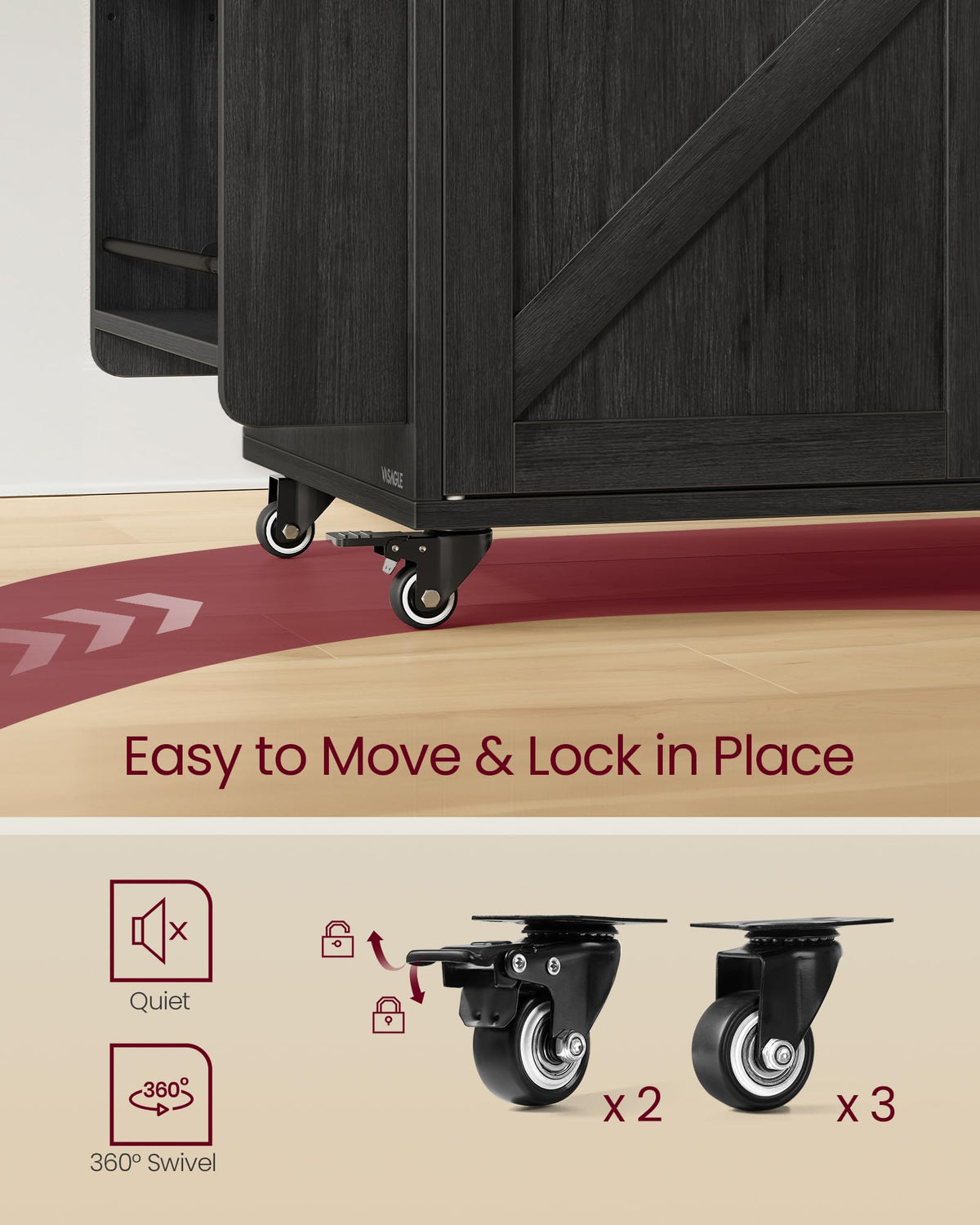 VASAGLE Mobile Kitchen Island with Trash Can Storage, Drop Leaf