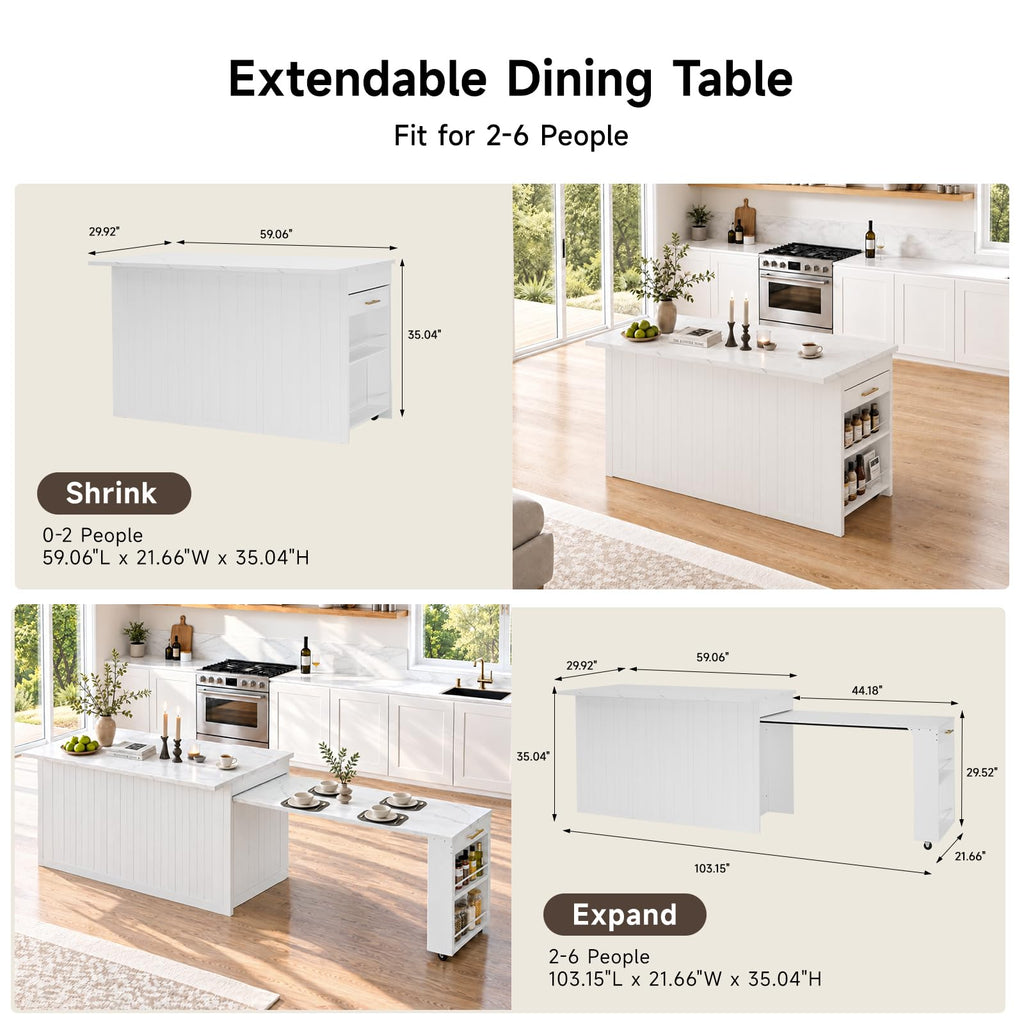 59"-103" Kitchen Island with Extendable Dining Table, White