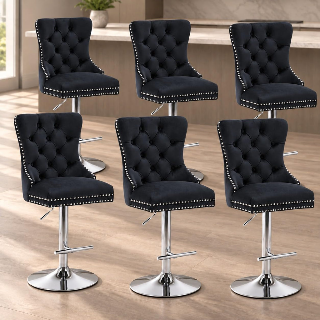 Velvet Swivel Bar Stools Set of 4, Height Adjustable, Black with Gold Base