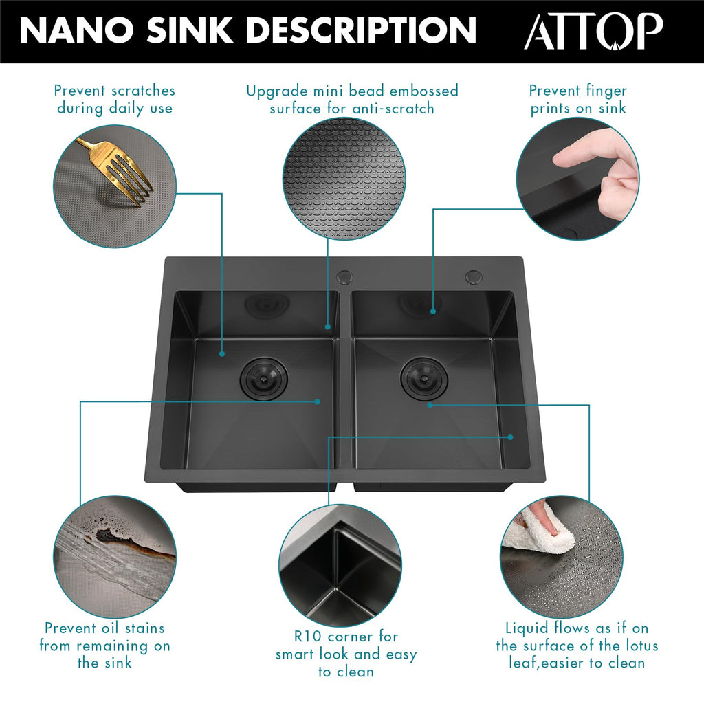 33 Inch Black Drop in Double Bowls Kitchen Sink