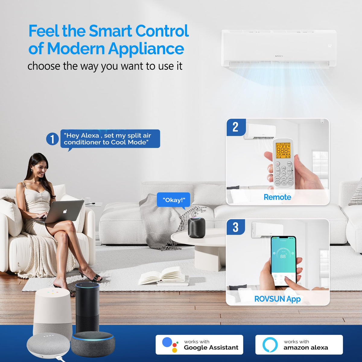ROVSUN 28000 BTU Tri Zone WIFI Mini Split AC/Heating System, 20 SEER2 3 Zone (9K/12K/12K) BTU Ductless Split Air Conditioner with Pre-Charged Condenser, Heat Pump & 25Ft Line Set, 208-230V
