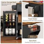 Kitchen Island with Power Outlets & Drop Leaf, Kitchen Cart with Storage, Drawer and Spice Rack, Tower Rack, Island Table, Black and Rustic Brown