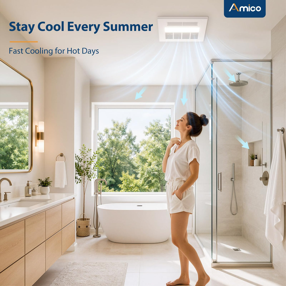 Amico Bathroom Exhaust Fan with Light and Heater, 80-90-110 CFM, 3CCT, ETL