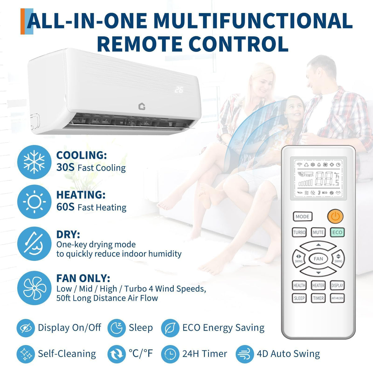 12,000 BTU Mini Split Air Conditioner and Heater, 19 SEER, 208-230V, Inverter AC & Heat Pump with Timer and Sleep Mode, Cools and Heats Rooms up to 750 Sq Ft, Ideal for Bedroom, Living Room, Office