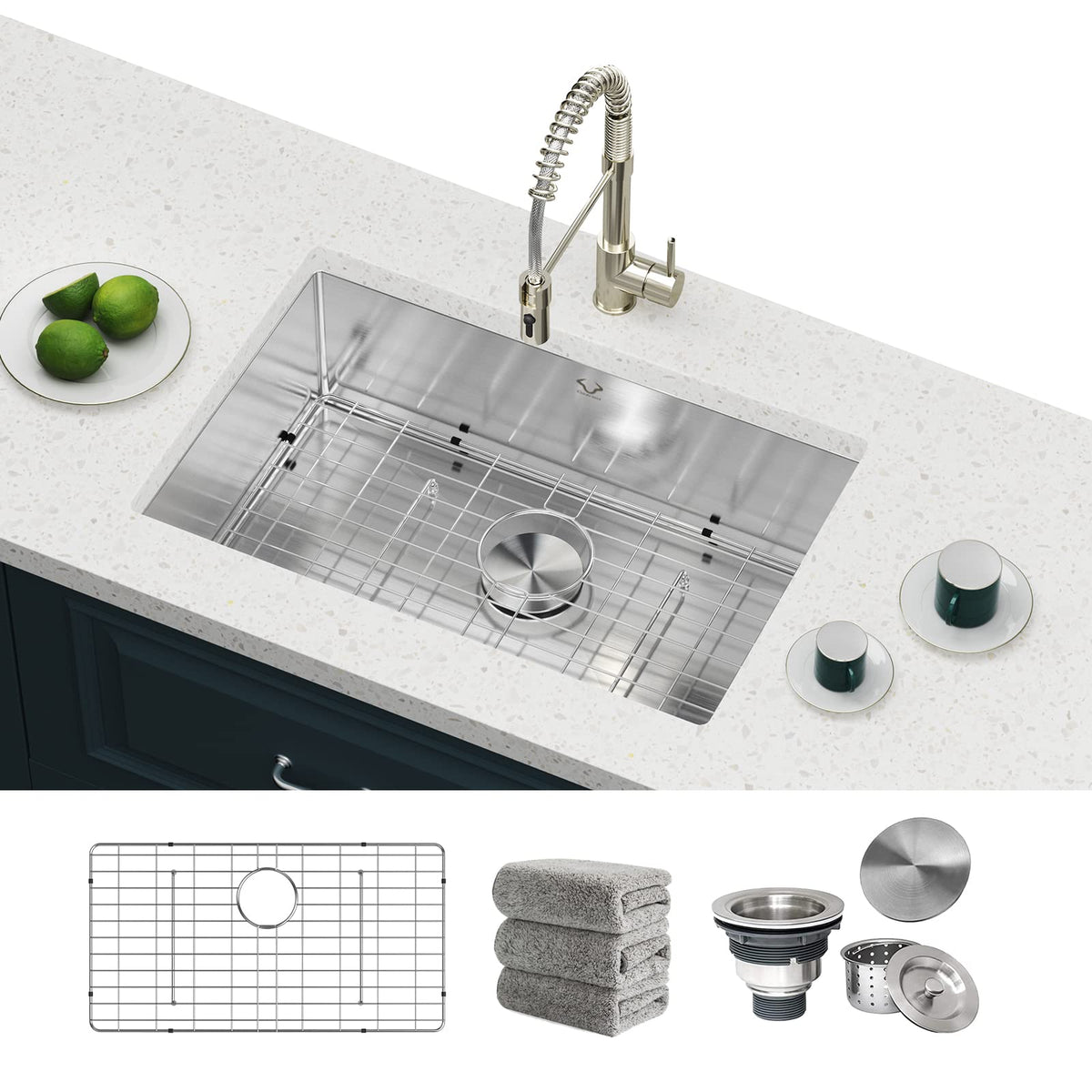 Kitchen Sinks 32x18 Inch Undermount Kitchen Sink Stainless Steel Sink 16 Gauge Single Bowl Set (5 Item Bundle: Sink, Bottom Grid, Drain Assembly, Drain Cap, Towel)