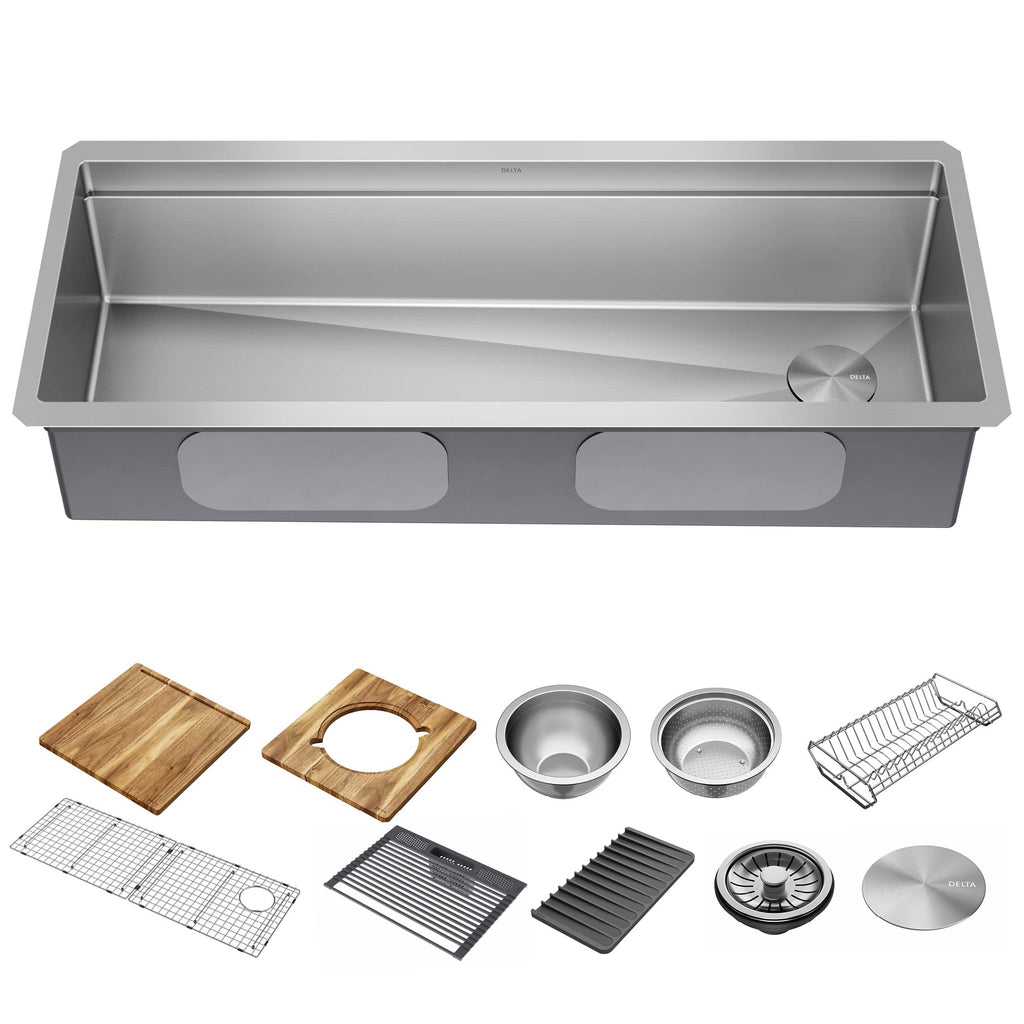 DELTA FAUCET 95A932-33S-SS Lorelai Workstation Kitchen Sink Drop-in Top Mount Stainless Steel Single Bowl with WorkFlow Ledge and Chef’s Kit of 5 Accessories