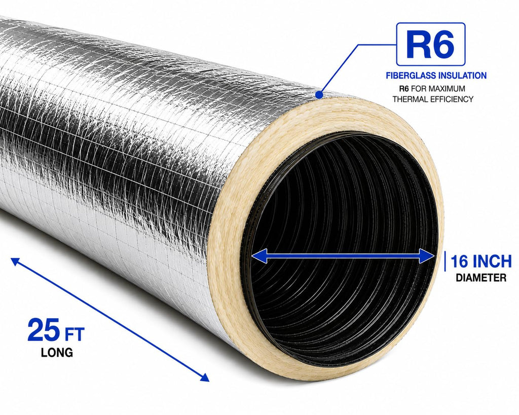 HVAC Insulated Flex Ductwork – 16" x 25 Ft R6 | Flexible Air Duct for Residential Heating & Cooling Systems | Aluminum Inner Core with Thermal Insulation | Easy Install Vent Hose