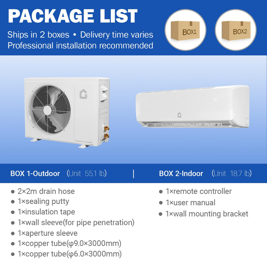Garvee 12000 BTU Mini Split AC/Heating System, 19 SEER2 Inverter Split System Air Conditioners, Ductless Wall Mount Heat Pump, AC Unit Cool Up to 750 Sq. Ft, Installation Kits, 230V