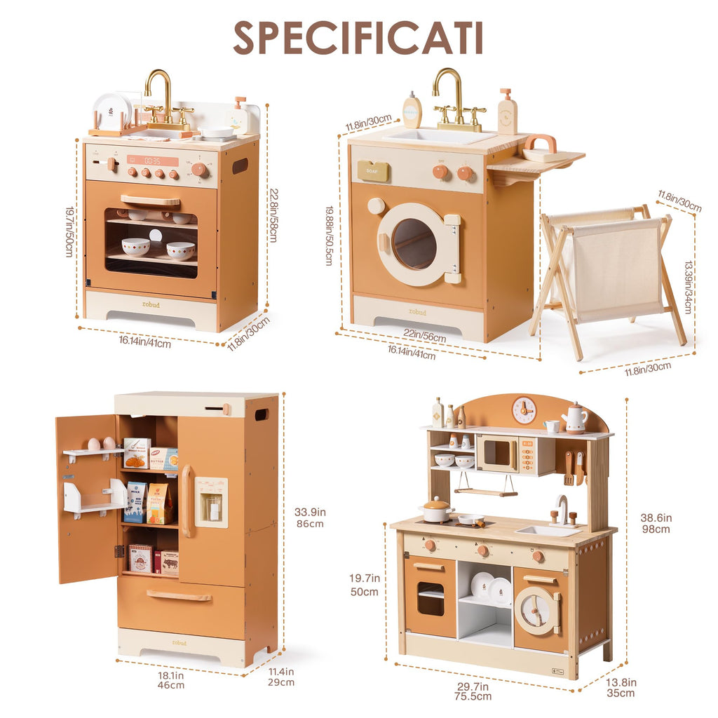 ROBUD 4-in-1 Wooden Play Kitchen Set with Fridge Washer Dishwasher