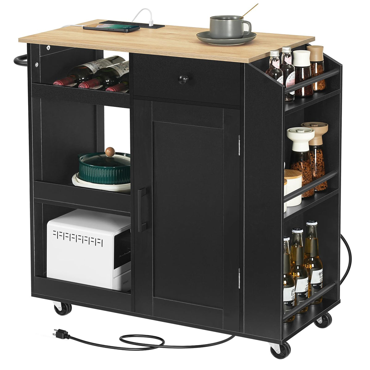 MAHANCRIS Kitchen Island with Power Outlet, Kitchen Storage Island with Drawer, Rolling Kitchen Cart on Wheels, Spice Rack, Towel Rack, Wine Rack, for Dining Room, White and Natural KINW122E01N1
