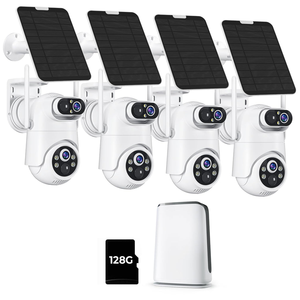 Security Cameras Wireless Outdoor No Monthly Fee, 2 Cam Kit Dual-Lens Solar Security Camera System,128GB Local Storage, IP66, Night Vision,5G&2.4G WiFi 4MP Cameras for Home Security Router Compatible