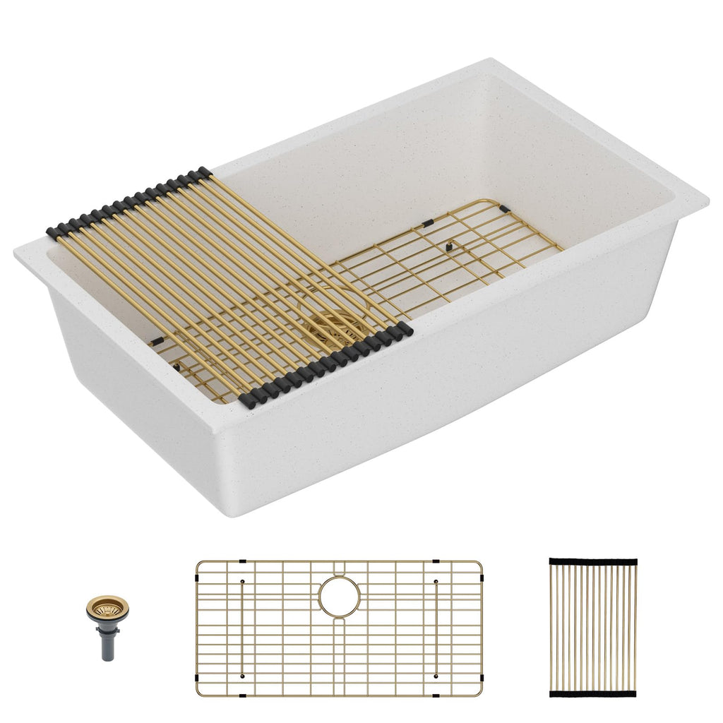 Lordear 18 Inch White Kitchen Sink Granite Composite Undermount Bar Workstation 18x18 White Quartz Sinks Under Counter Single Bowl with Classic Gold Accessories