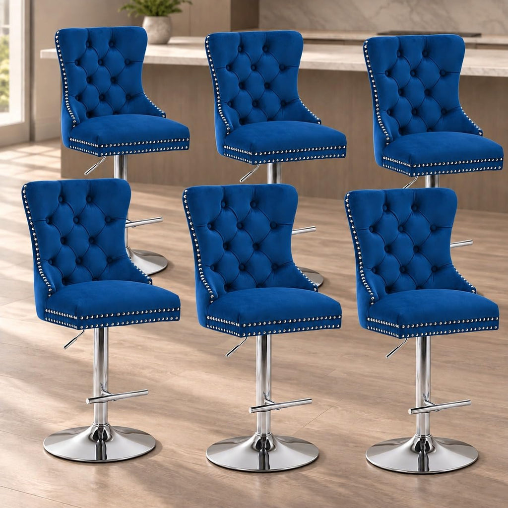 Velvet Swivel Bar Stools Set of 4, Height Adjustable, Black with Gold Base