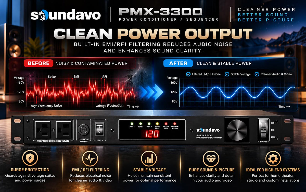 PMX-3300 Power Conditioner and Surge Sequencer 10 Protected Outlets and 3 Zones 15A with LED Voltmeter Display & Pullout Light (Grey)