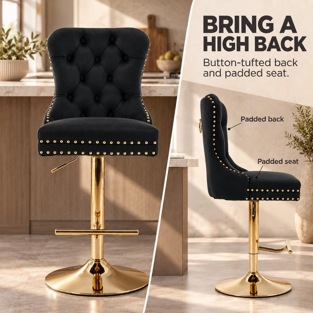 Velvet Swivel Bar Stools Set of 4, Height Adjustable, Black with Gold Base