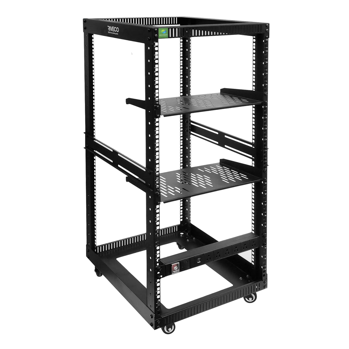 22U Open Frame Server Rack with Brake Casters +19" Rail Mounting PDU (8 Outlets) Power Strip with Surge Protector + 2PCS Rack Shelves Cantilever Tray Set Black