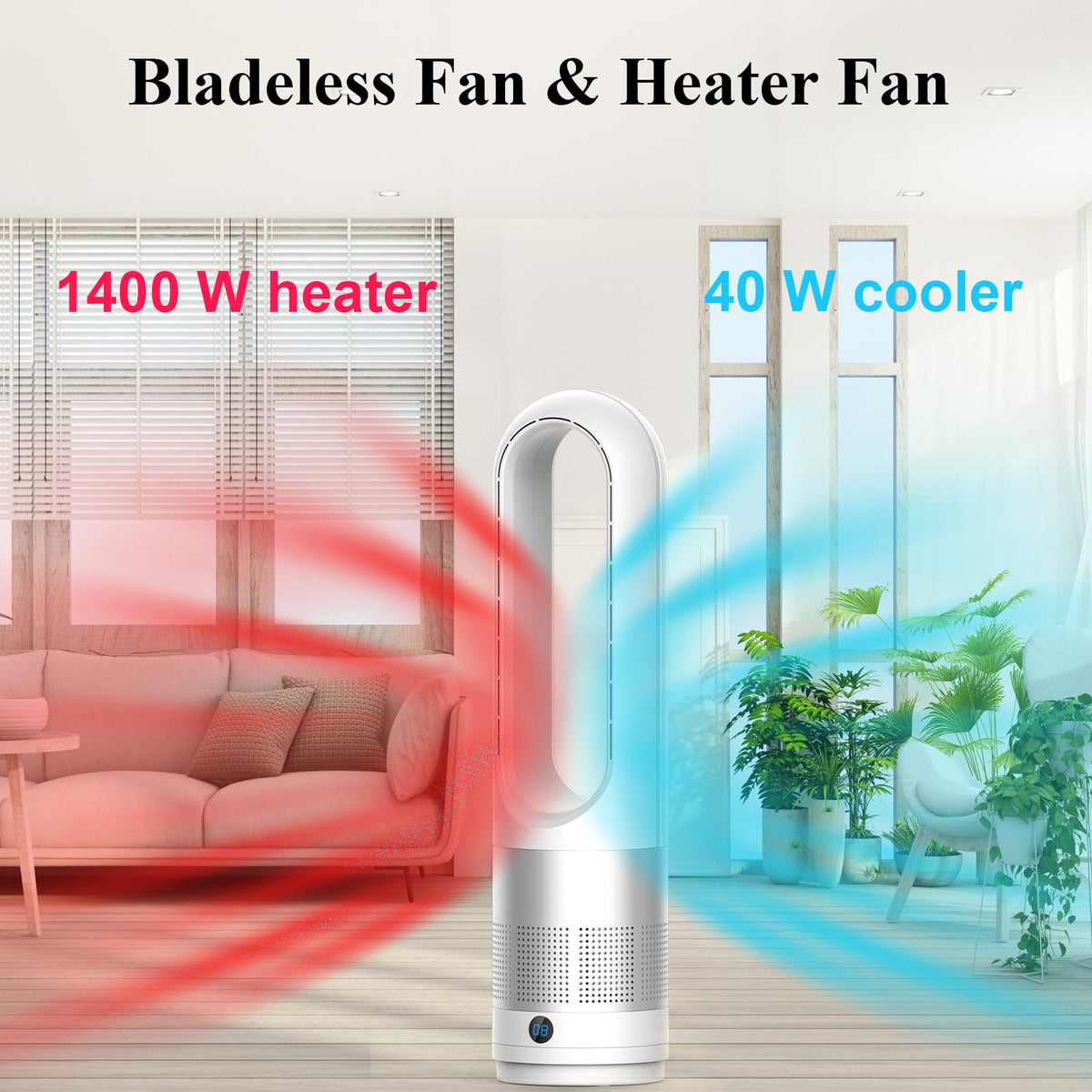 Bladeless Heater and Fan Combo, All the Season, 80° Oscillating with Remote and Touch Control, 8H Timer, 24 Inch, Floor Fan for Indoor Use, Large Room, Silver White