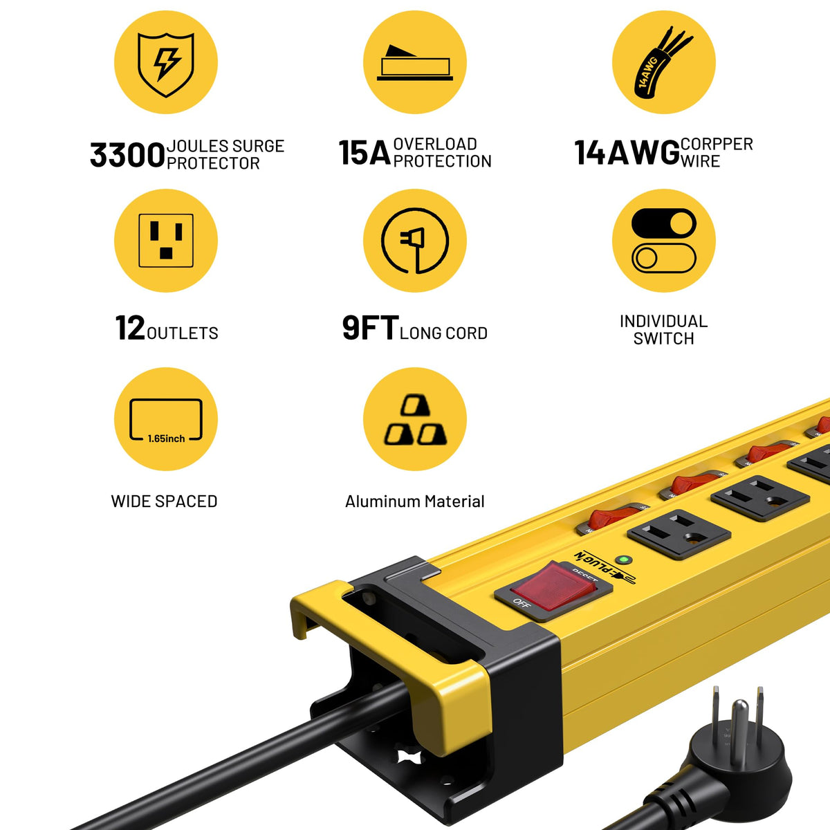 Plug'n 12 Outlet 3300J Surge Protector Power Strip,Individual Switches,9FT/14AWG/15AMP/1875W Power Cord,Heavy Duty Metal Power Strip with Cord Manager,for Workshop,Garage,Shop,2 Packs