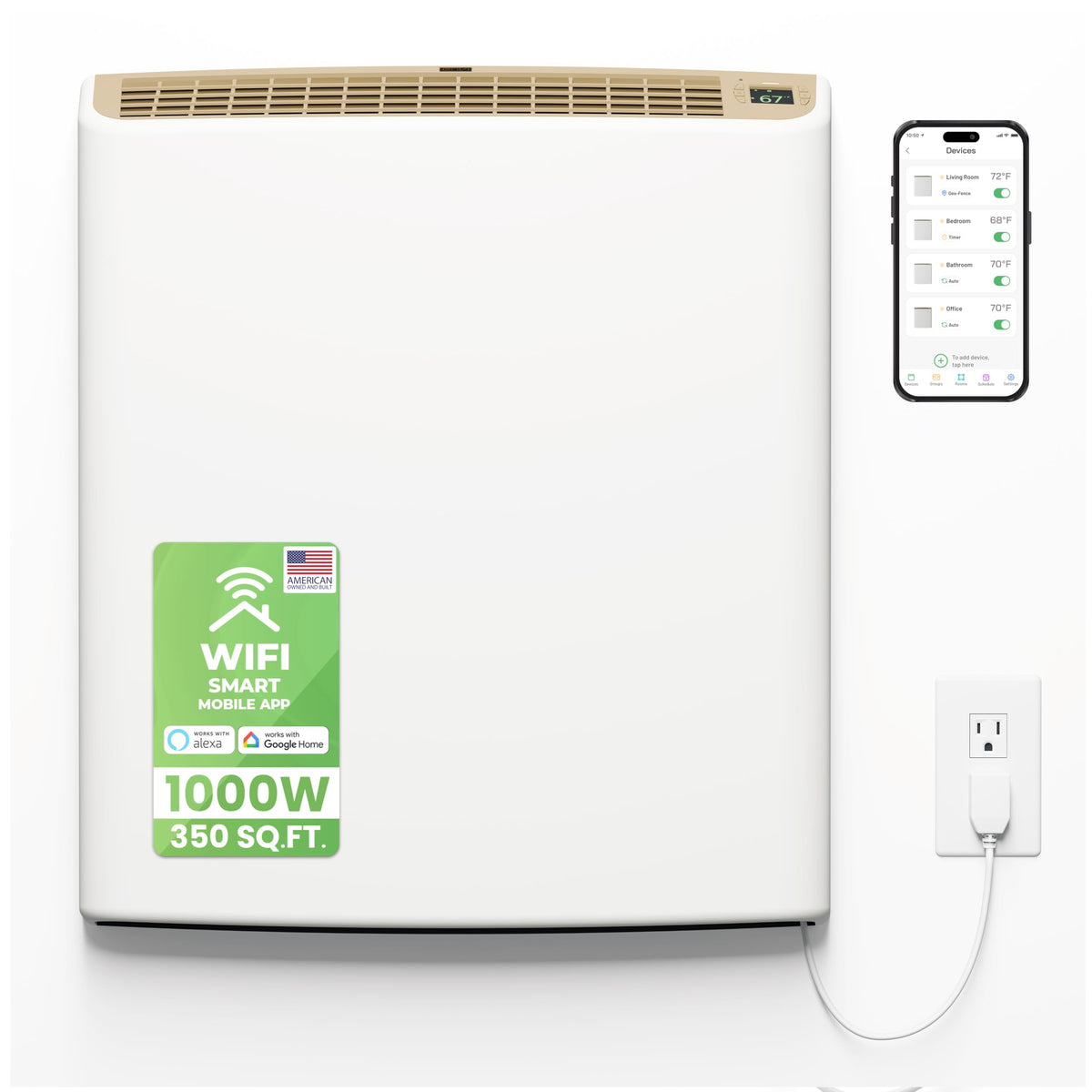 Smart Envi Wi-fi Plug-in Electric Wall Heater - Energy Efficient Smart Heaters for Indoor Use - App Controlled Electric Heater with Thermal Shut Off Switch - Compatible with Alexa & Google Home