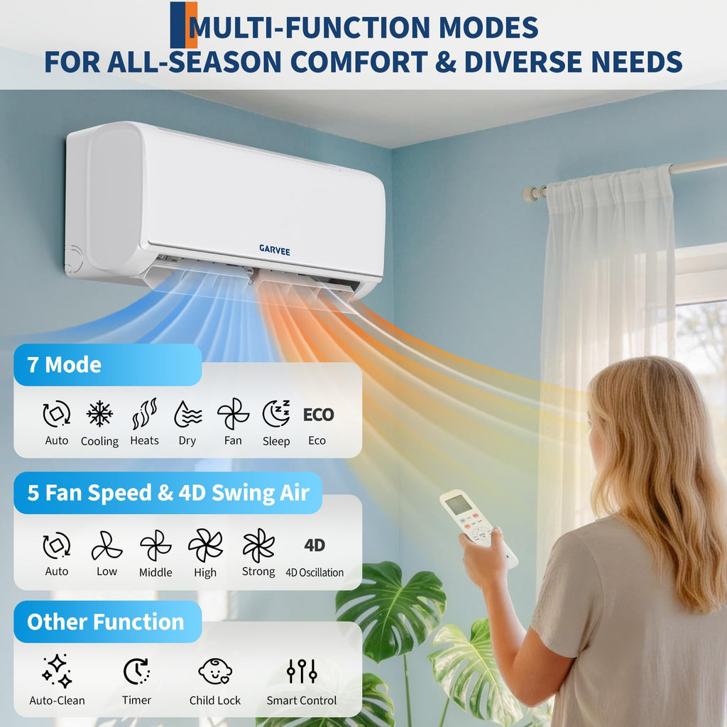 Garvee 12000 BTU 21 SEER2 Mini Split AC & Heat Pump, Air Coditioner with Energy-Star and Buit in WiFi, APP Control Compatible with Alexa, 208-230V, Cools Heat Room Up to 750 Sq.ft