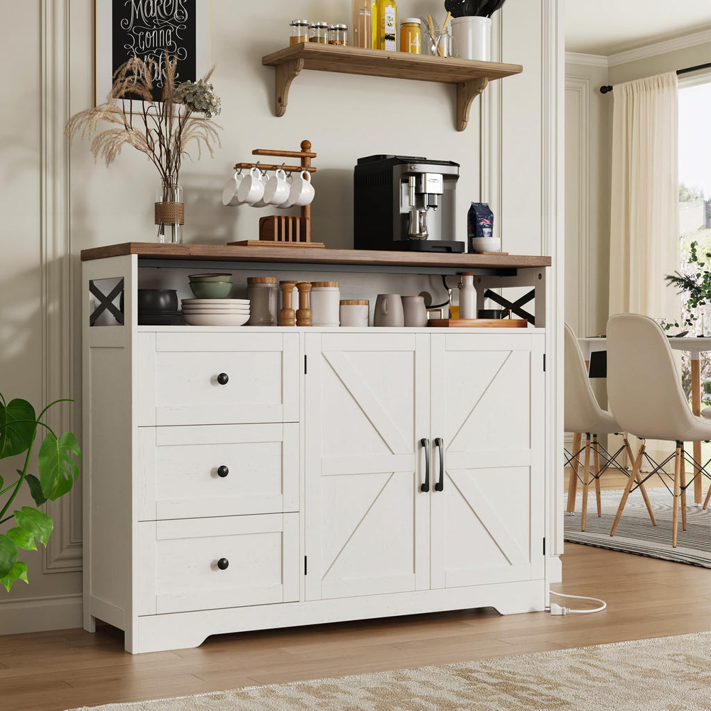 51" Farmhouse Buffet Sideboard Cabinet with Storage, White Kitchen Storage