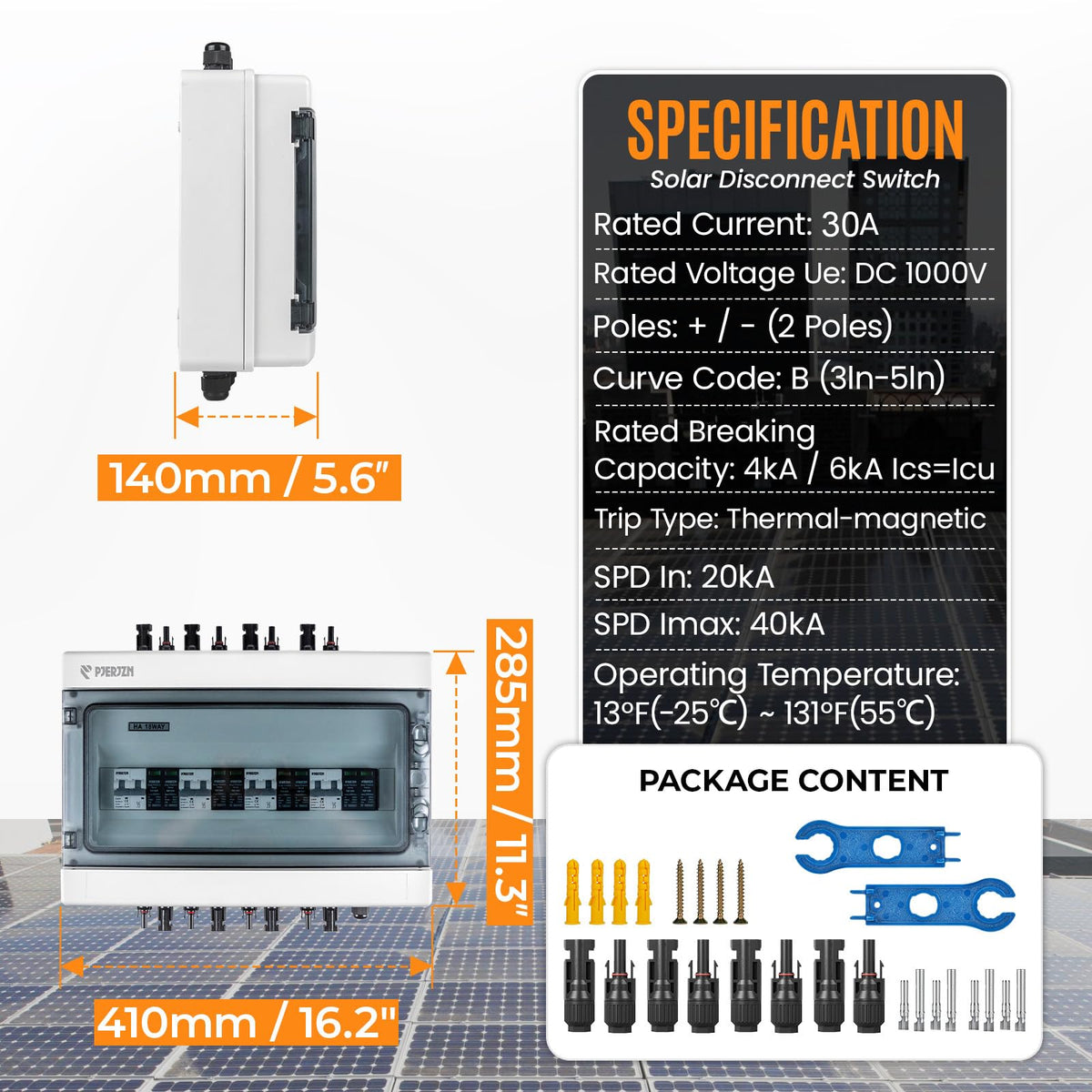 Solar Disconnect Switch with SPD Surge Protector 1000V DC 30A Solar PV Combiner Box Power Distribution Box for Solar Panels 2 in 2 Out (30A, HT18 4string)