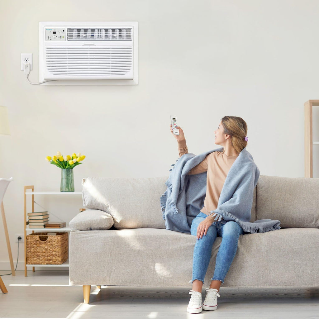 Keystone 8,000 BTU Wall Mounted Air Conditioner with Supplemental Heat and Dehumidifier Function, 115V, Wall AC for Small-Medium Sized Rooms up to 350 Sq.Ft. with Remote, Quiet, High Efficiency AC