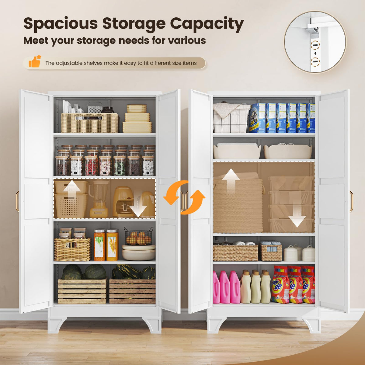 Metal Pantry Storage Cabinets with Doors and Shelves,75" Tall White