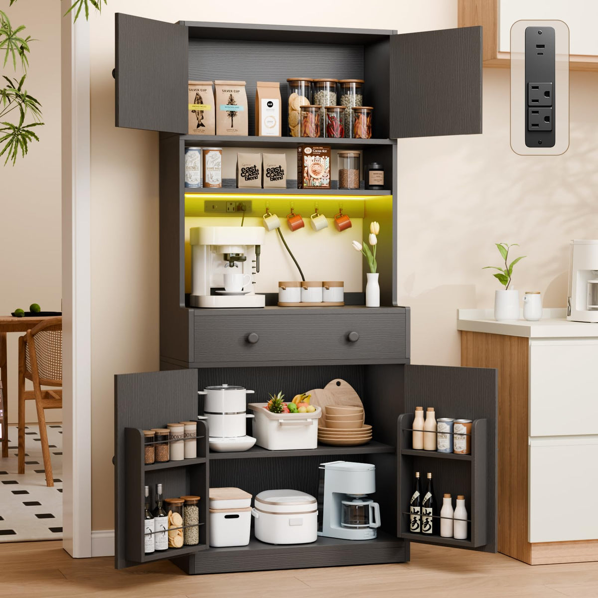 71" Tall Kitchen Pantry Cabinet with Microwave Countertop, LED Lights White