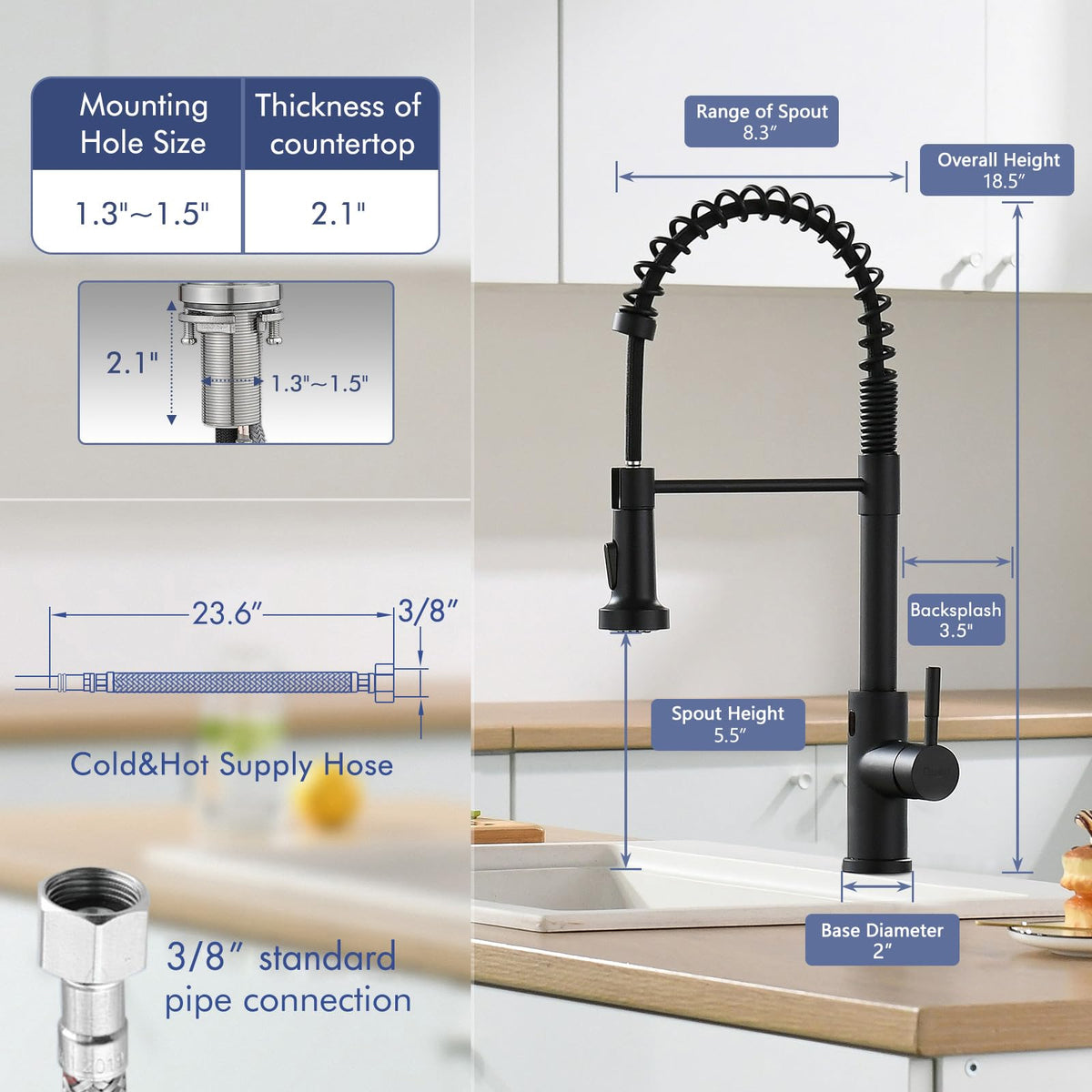 GIMILI Matte Black Touchless Kitchen Faucet with Spring Pull Down Sprayer
