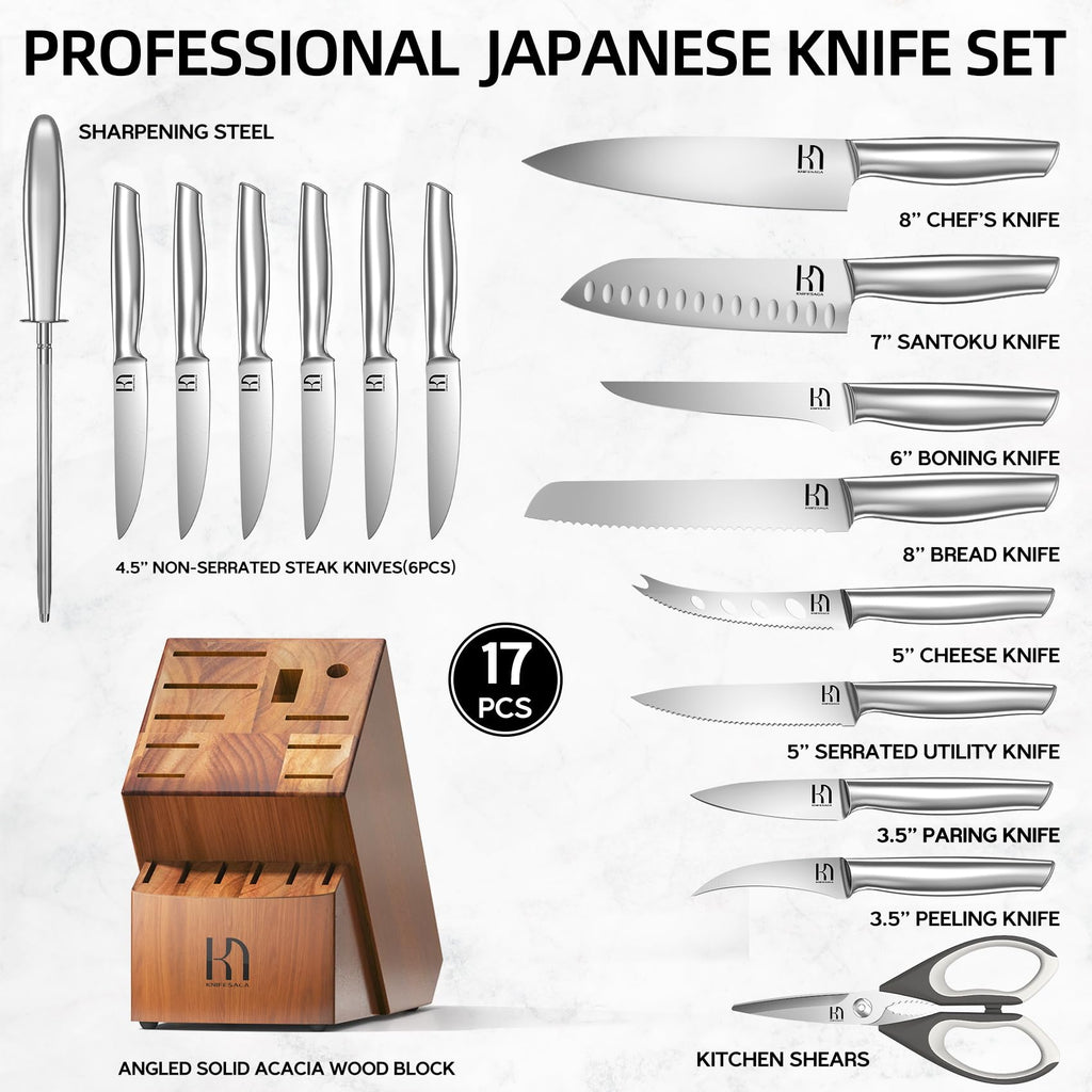 KnifeSaga 17 Pcs Kitchen Knife Set, Premium, Razor Sharp, Japanese Steel