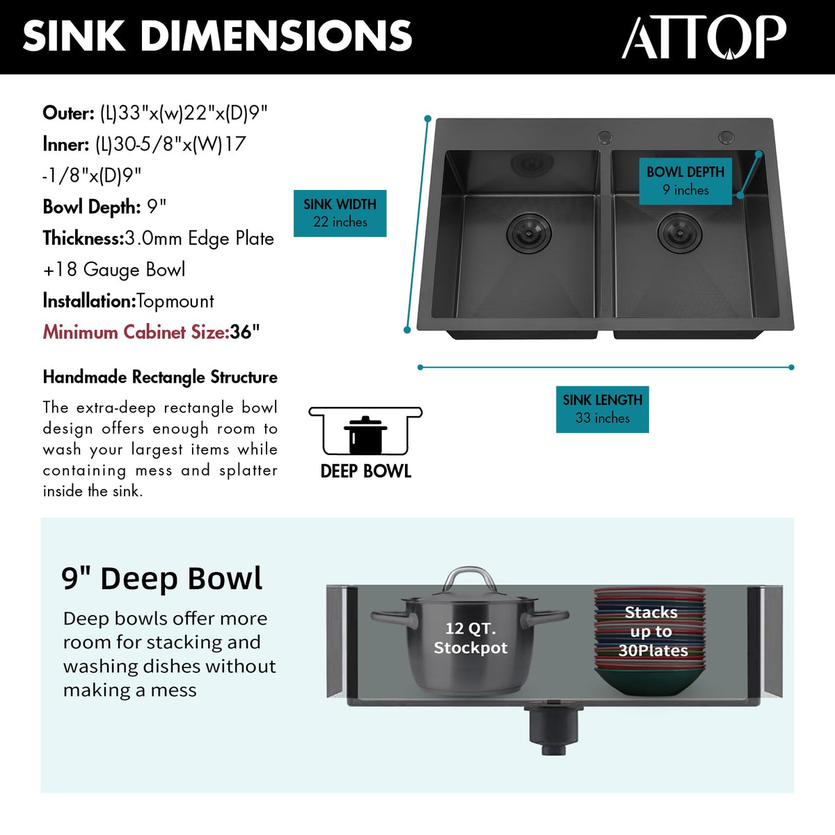 33 Inch Black Drop in Double Bowls Kitchen Sink