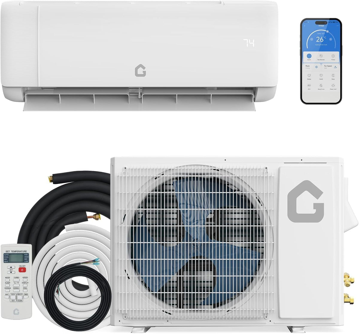 Garvee 9,000 BTU Mini Split Air Conditioner with Heat Pump, 18.5 SEER, Cools Up to 750 Sq. Ft, Energy Efficient Inverter AC with Installation Kit & Remote, Ductless AC Unit with Pre-Charged Condenser